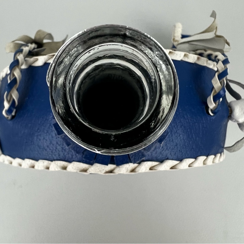 Vintage Folk Art Blue Floral Leather Covered Glass Bottle Canteen Decanter Flask - Picture 6 of 12